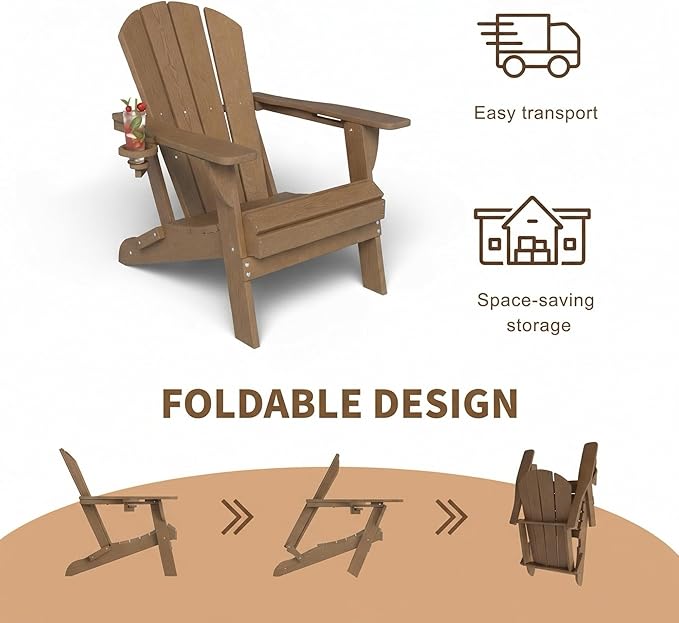 Kingdura Folding Adirondack Chairs Set of 4, Portable HDPE Outdoor Patio Chair with Wooden Textured & Cup Holder, All Weather Resistant, 380LBS Capacity for Pool, Backyard, Balcony, Fire Pit (Brown)