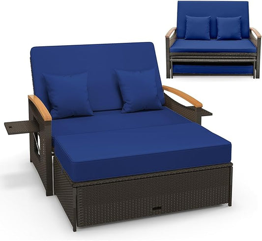LDAILY Moccha Outdoor Wicker Daybed, Patio Rattan Loveseat Sofa w/ 4-Level Adjustable Backrest, Folding Panels, Storage Ottoman & Cushions, Lounge Furniture Set for Poolside Backyard Porch (Navy)