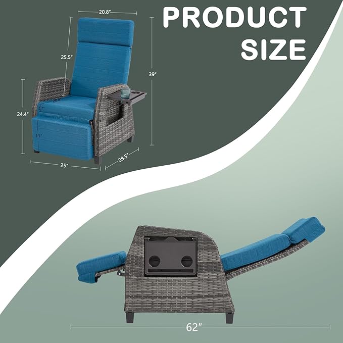 Outdoor Patio Recliner Chair, 180° Flat Recliner with Flip Table & Adjustable Backrest, Rattan Reclining Lounge Chair, Wicker Balcony Recliner, Blue