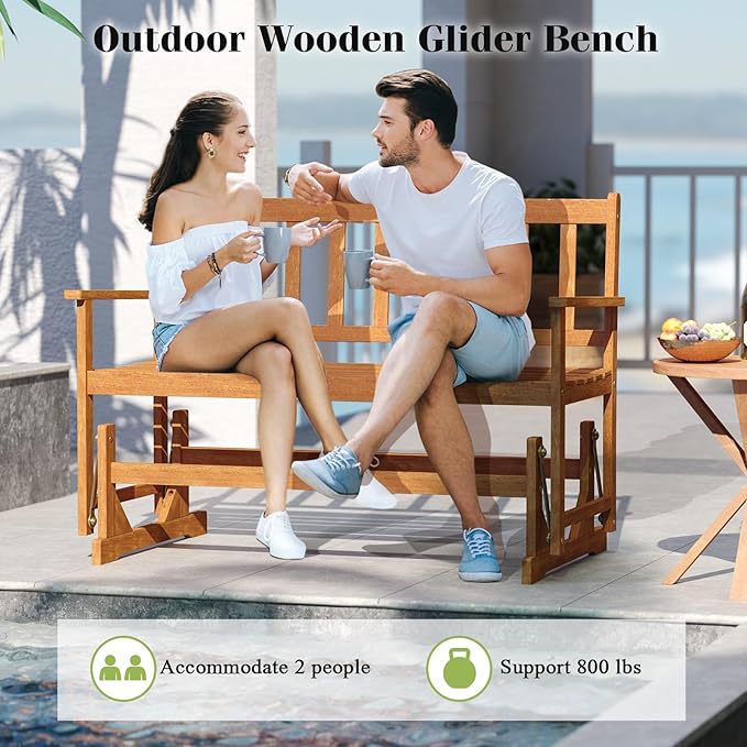RELAX4LIFE 2-Person Outdoor Glider Bench - Acacia Wood Heavy Duty 800 LBS Double Swing Rocking Chair w/Slatted Seat, Backrest & Armrests, Loveseat Rocker for Porch Garden, 2-Seater Wooden Patio Glider