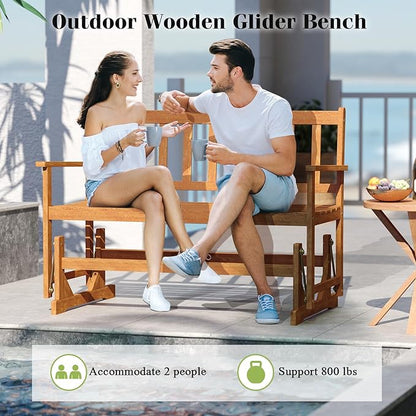 RELAX4LIFE 2-Person Outdoor Glider Bench - Acacia Wood Heavy Duty 800 LBS Double Swing Rocking Chair w/Slatted Seat, Backrest & Armrests, Loveseat Rocker for Porch Garden, 2-Seater Wooden Patio Glider