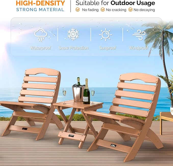 VINGLI Small HDPE Folding Side Table, Plastic Waterproof Portable Adirondack Coffee End Tables, All Weather for Patio, Backyard, Pool, Indoor Use, Slats Style, Teak