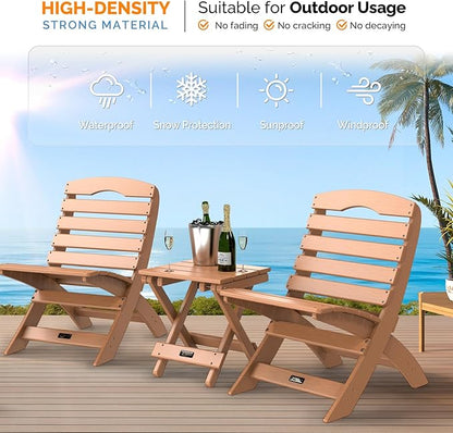 VINGLI Small HDPE Folding Side Table, Plastic Waterproof Portable Adirondack Coffee End Tables, All Weather for Patio, Backyard, Pool, Indoor Use, Slats Style, Teak