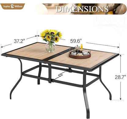 Sophia & William Outdoor Table, Rectangular Patio Table for 6, Large Patio Dining Table with Faux Wood Tabletop and Metal Steel Frame, Outdoor Dining Table with 1.6"-2" Adjustable Umbrella Hole