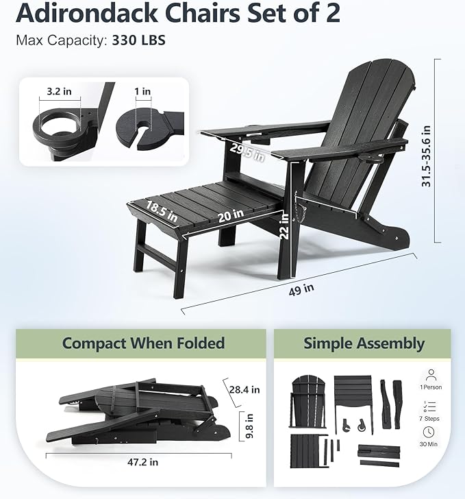 PASAMIC Folding Adirondack Chairs Set of 2 with Retractable Ottoman, 5-Position Adjustable Backrest - Photo 2