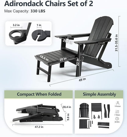 PASAMIC Folding Adirondack Chairs Set of 2 with Retractable Ottoman, 5-Position Adjustable Backrest, HDPE All-Weather Fire Pit Chairs with 2 Hidden Cup Holders, Wood-Look Outdoor Chairs (Black)