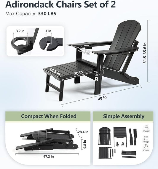 PASAMIC Folding Adirondack Chairs Set of 2 with Retractable Ottoman, 5-Position Adjustable Backrest, HDPE All-Weather Fire Pit Chairs with 2 Hidden Cup Holders, Wood-Look Outdoor Chairs (Black)