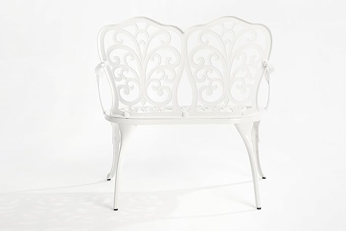 Patio Garden Bench Metal Park Bench Cast Aluminum Outdoor Furniture with Floral Rose for Patio,Park,Lawn,Yard White