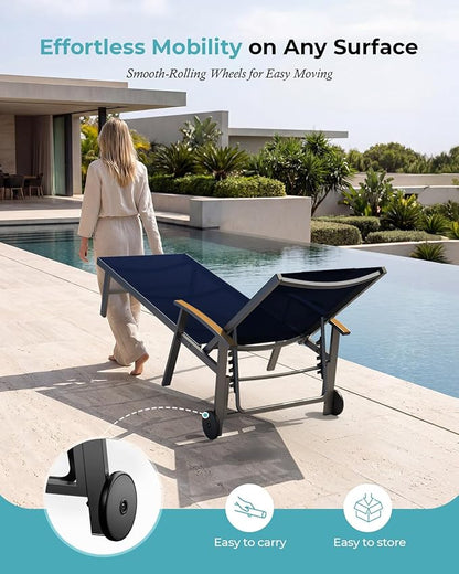 Ciokea Outdoor Lounge Chair with Pillow, 5-Position Aluminum Chaise Lounge with Wheels & Armrests, 400 lbs Heavy Duty Patio Pool Chair for Deck, Backyard, Beach & Poolside, Navy Blue
