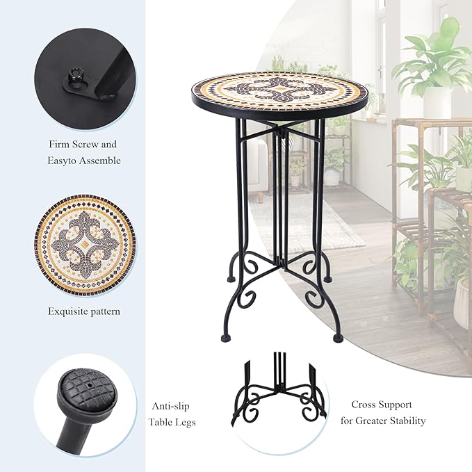 VCUTEKA Mosaic Outdoor Side Table, Round Rustproof Patio Tables with 14" Ceramic Tile Top, Indoor Porch Accent Table for Yard, Garden, Living Room, Bistro Balcony, Brown