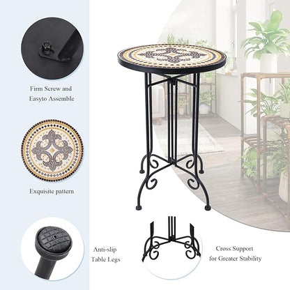 VCUTEKA Mosaic Outdoor Side Table, Round Rustproof Patio Tables with 14" Ceramic Tile Top, Indoor Porch Accent Table for Yard, Garden, Living Room, Bistro Balcony, Brown
