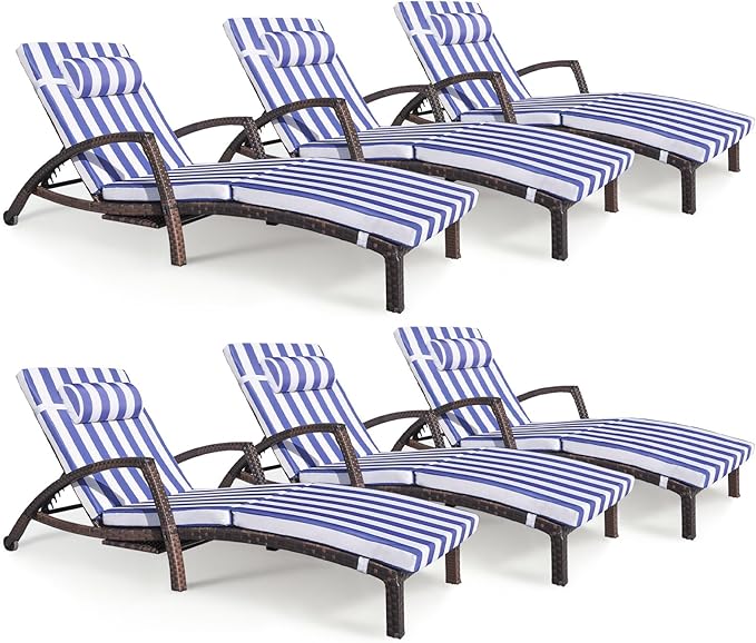 Chaise Lounge Chairs Outdoor Set of 6, Comfy Outside Wicker Patio Pool Lounge Chair w/ 5 Adjustable Back Angle - Photo 1