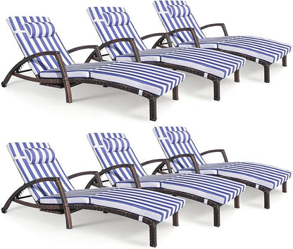 Chaise Lounge Chairs Outdoor Set of 6, Comfy Outside Wicker Patio Pool Lounge Chair w/ 5 Adjustable Back Angle, Cup Holder, Thicken Cushion