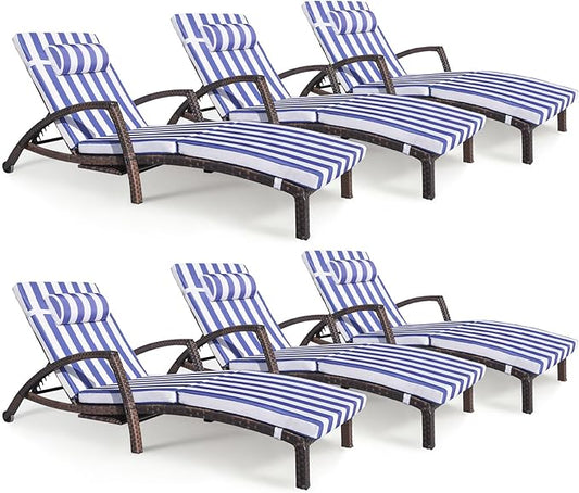 Chaise Lounge Chairs Outdoor Set of 6, Comfy Outside Wicker Patio Pool Lounge Chair w/ 5 Adjustable Back Angle, Cup Holder, Thicken Cushion