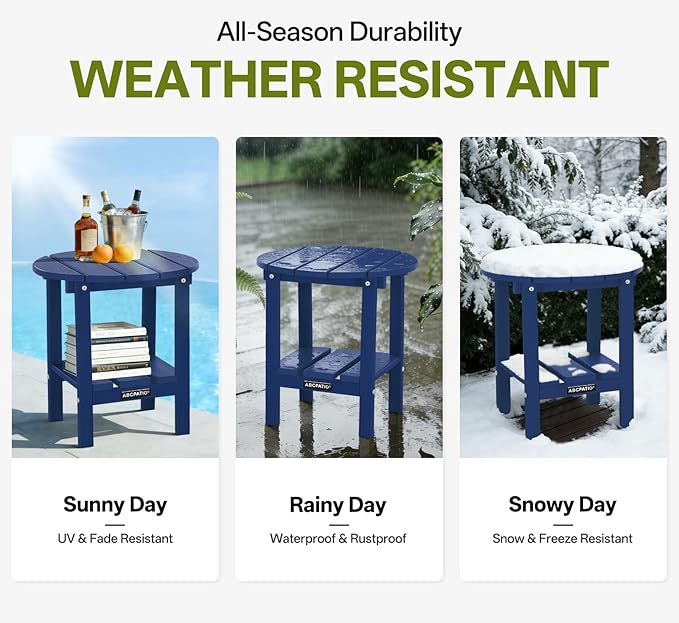 Outdoor Side Table Round - Patio Side Tables - HDPE Small Outdoor End Table for Backyard Pool Porch Balcony - Double Layer Storage - Navy (Wood Grain Finish)