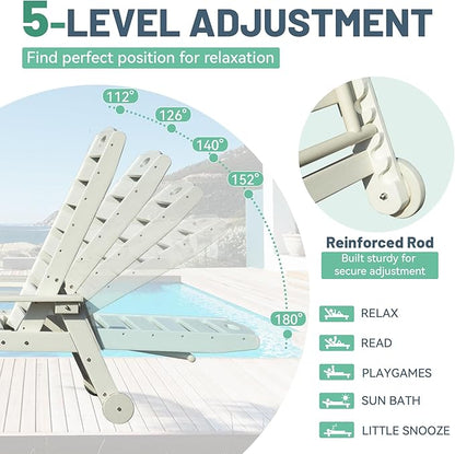 Outdoor Lounge Chairs, 78'' Long Patio Lounge Chair HDPE 5-Position Adjustable with Cup Holder & Rolling Wheels, Pool Lounge Chair for Sunbathing Tanning, Deck, Poolside -White