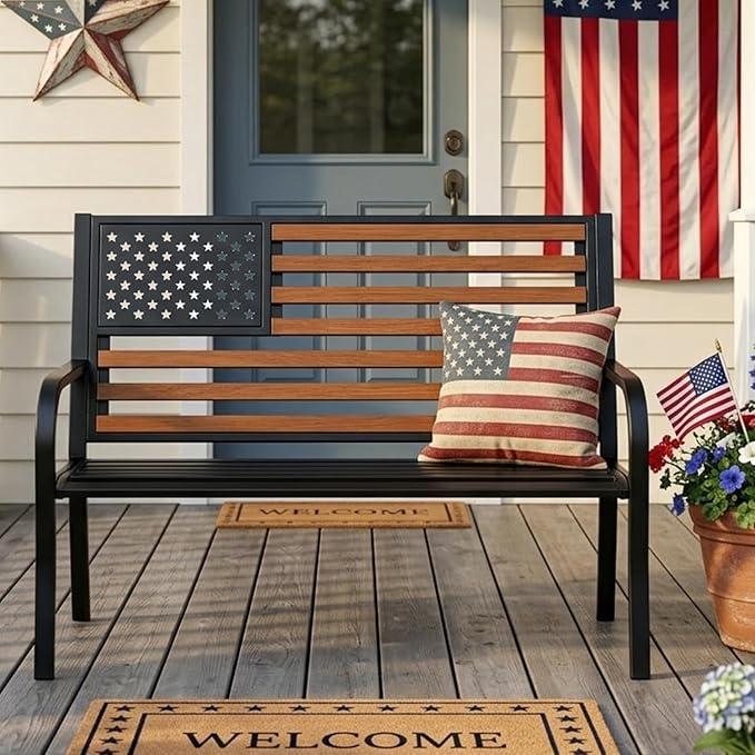 45.7 Inch American Flag Outdoor Bench - Patriotic Stars and Stripes Garden Bench with Heavy Duty Cast Iron Frame & - Photo 1