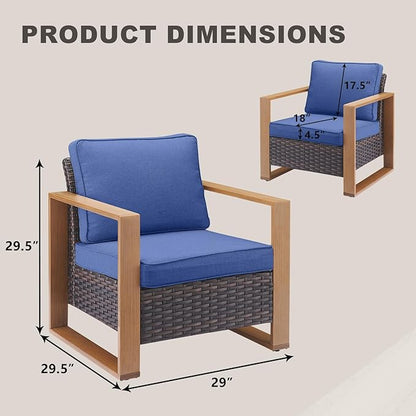 Rilyson Wicker Outdoor Patio Chairs Set of 2, Rattan Patio Furniture Chairs with Sturdy Frame,All-Weather PE Wicker,Wide Armrest,Deep Seating and Thick Cushions for Deck Porch Garden(Brown/Blue)