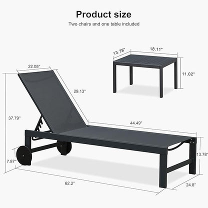 PURPLE LEAF Patio Lounge Chair Set for 4 Outdoor Chaise Lounge with Adjustable Backrest and Easy-to-Move Wheels Aluminum Reclining Lounge Chair for Outside Yard Pool Side Table Included, Dark Grey