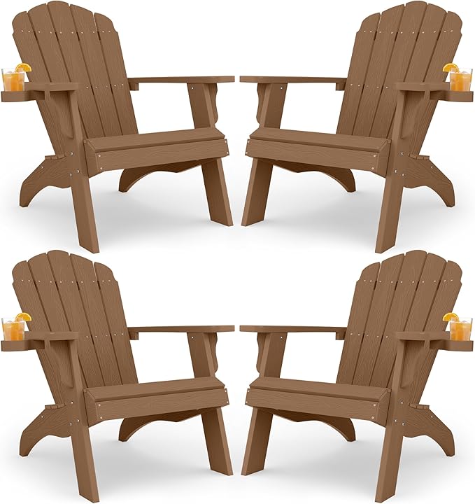 YEFU Oversized Plastic Adirondack Chair Set of 4 with Cup-Holder, Weather Resistant, Poly Lumber Outdoor Chairs Duty Rating Widely Used in Patio, Lawn, Outside, Deck, Garden Chair-Teak