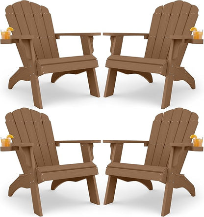 YEFU Oversized Plastic Adirondack Chair Set of 4 with Cup-Holder, Weather Resistant, Poly Lumber Outdoor Chairs Duty Rating Widely Used in Patio, Lawn, Outside, Deck, Garden Chair-Teak