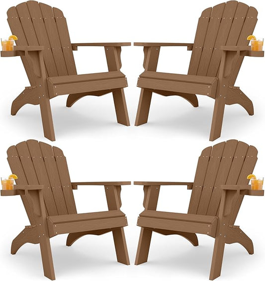 YEFU Oversized Plastic Adirondack Chair Set of 4 with Cup-Holder, Weather Resistant, Poly Lumber Outdoor Chairs Duty Rating Widely Used in Patio, Lawn, Outside, Deck, Garden Chair-Teak