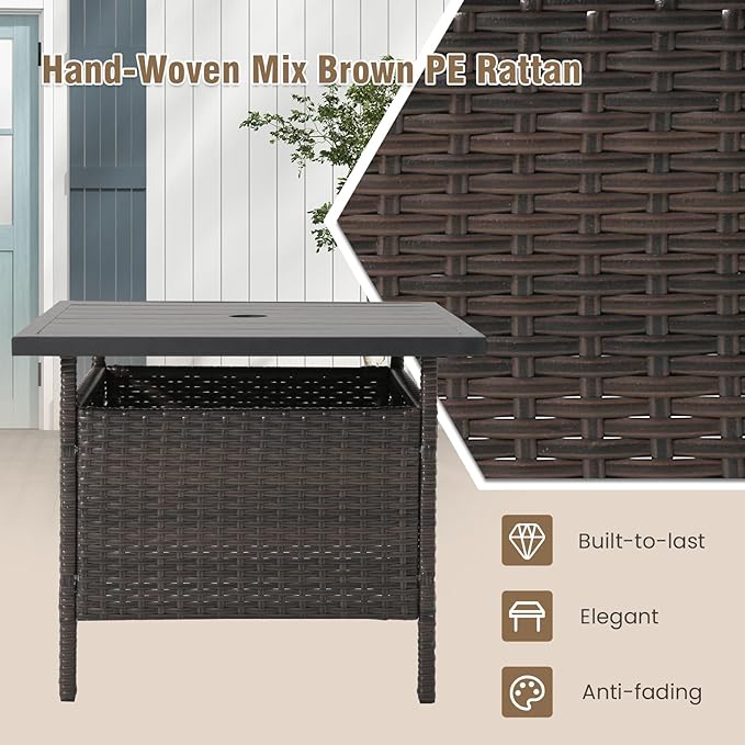 Tangkula Outdoor Wicker Table, Rattan Coffee Table with Umbrella Insert Hole, HDPE Tabletop & Sturdy Metal Frame, Patio Umbrella Side Table Stand for Backyard, Garden, Poolside (Mix Brown)