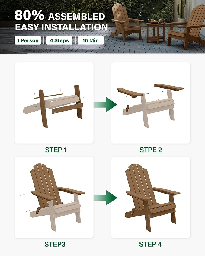 MXIMU Folding Adirondack Chair for Outdoor: Easy to Assemble and Comfortable Adirondack Chairs - All Weather Composite Plastic Chair for Outside Fire Pit Patio Lawn Garden Backyard Use(Teak)