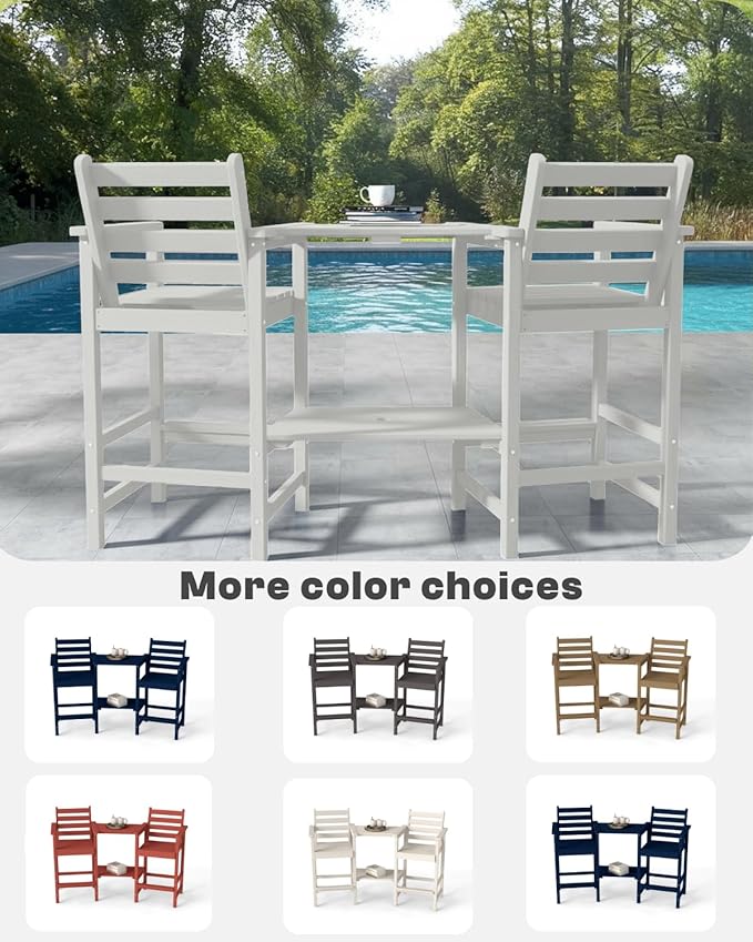 Tall Adirondack Chairs Set of 2, Bar Height HDPE Outdoor Chairs with Connecting Tray & Umbrella Hole, Balcony Patio Adirondack Chairs for Deck, Garden, Lawn (White)