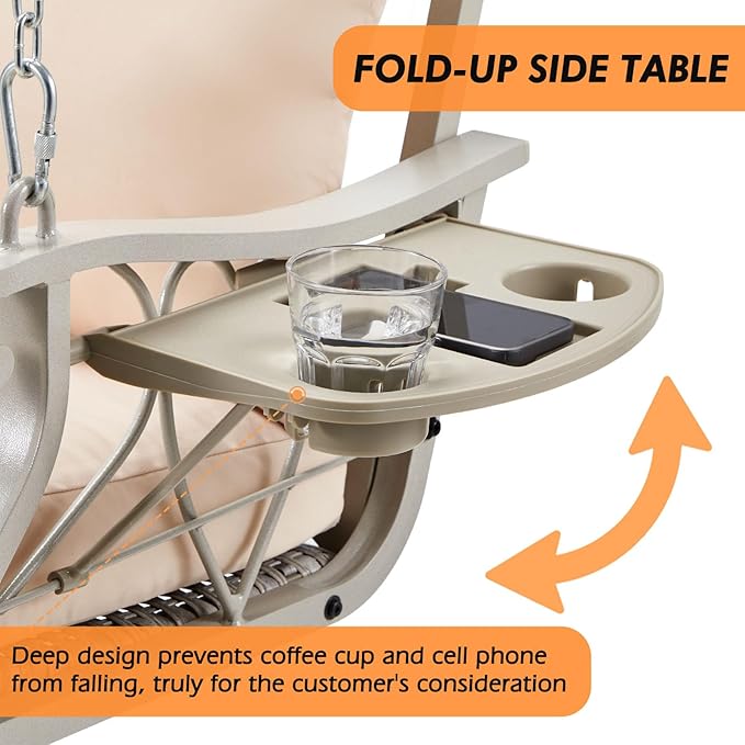 3-Person Wicker Porch Swing Chair Heavy Duty 900 LBS Outdoor Rattan Patio Swing Chair w/Cup-Holder & Steel Chains - Photo 3