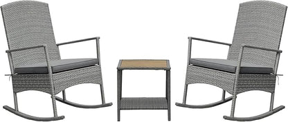 Outsunny 3 Piece Patio Rocking Chair Set, 2 PE Wicker Rocking Chairs, Cushioned, 1 Two-Tier Wood Slat Coffee Table, Rattan Front Porch Furniture, Gray