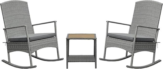 Outsunny 3 Piece Patio Rocking Chair Set, 2 PE Wicker Rocking Chairs, Cushioned, 1 Two-Tier Wood Slat Coffee Table, Rattan Front Porch Furniture, Gray