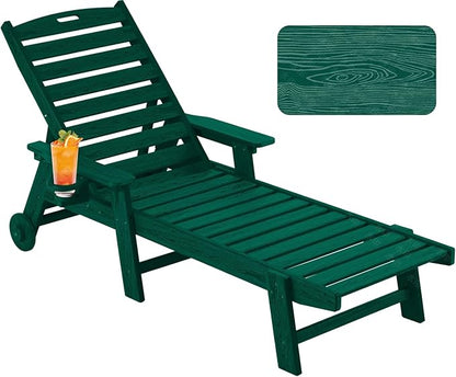 Chaise Lounge Chair Outdoor with Wheels, Oversize Patio Lounge Chairs with Wood Texture, 5-Position Plastic Lounge Chairs for Poolside, Patio, Deck, Beach(Green)