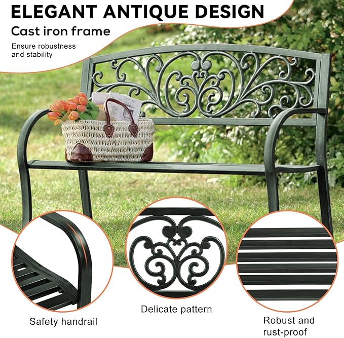 Park Bench, 4 Feet Rust-Proof Cast Iron Park Bench, Hold 485 lbs Heavy-Duty Metal Outdoor Furniture Bench Seat, with Backrest Armrests Sturdy Steel Frame Front Porch Bench for Yard Porch