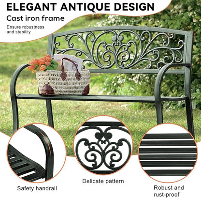 Park Bench, 4 Feet Rust-Proof Cast Iron Park Bench, Hold 485 lbs Heavy-Duty Metal Outdoor Furniture Bench Seat, with Backrest Armrests Sturdy Steel Frame Front Porch Bench for Yard Porch