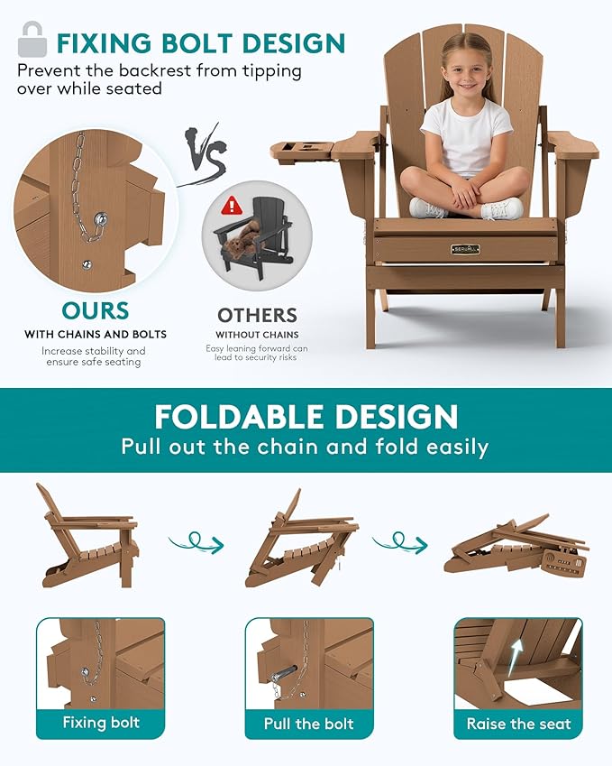 SERWALL Folding Adirondack Chair Set of 2, Outdoor Chairs with 4 in 1 Cup Holder, Wood Texture Adirondack Chairs - Photo 5