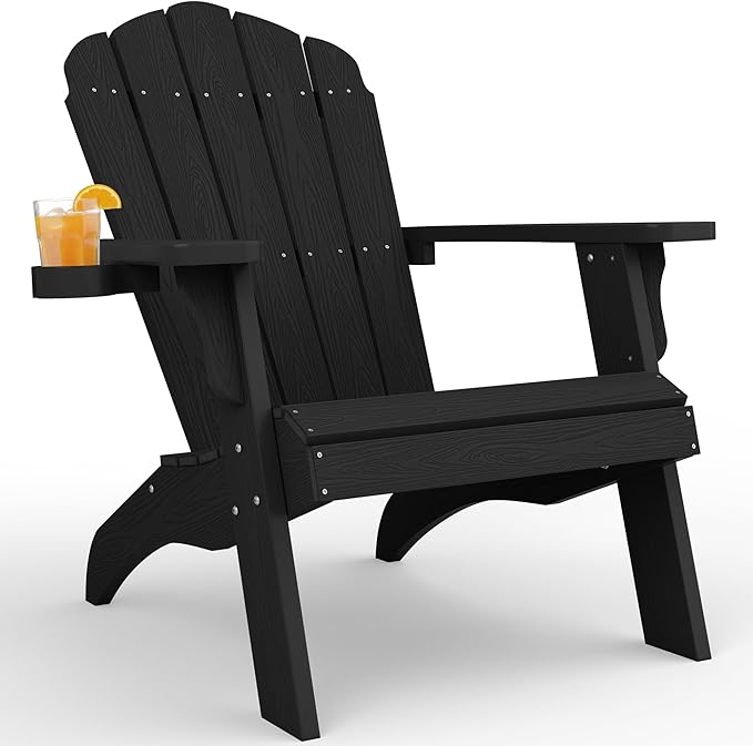 YEFU Oversized Adirondack Chair with Cup-Holder,Plastic Outdoor Fire Pit Chair, Weather Resistant, Poly Lumber Chair, Used in Patio, Lawn, Deck,Heavty Duty,Weight Capacity 450lbs-Black