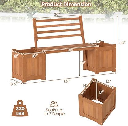 2 Pieces Outdoor Planter Box with Bench, Teak Oil Finish Wood Seat with 2 Open-Ended Base Garden Beds & Backrest, Decorative Plant Container for Yard, Balcony & Porch
