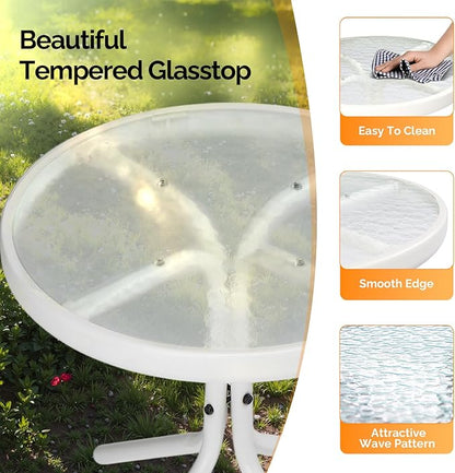 VINGLI Outdoor Side Table, 18" Patio Table Steel Frame Tempered Glass Top, Weatherproof Small Tables for Balcony Garden Poolside (White, Round)