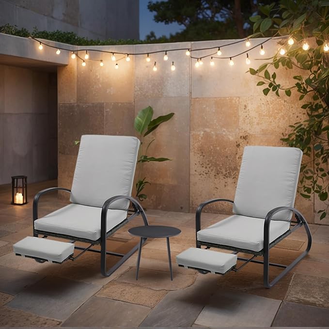 3 Piece Patio Furniture Set, Metal Patio Chairs with Fold Out Foot Rest, 5-Position Adjustable Patio Chaise Lounge Outdoor, Pool Lounges Chair Outdoor Recliners with Side Table for Deck, Grey