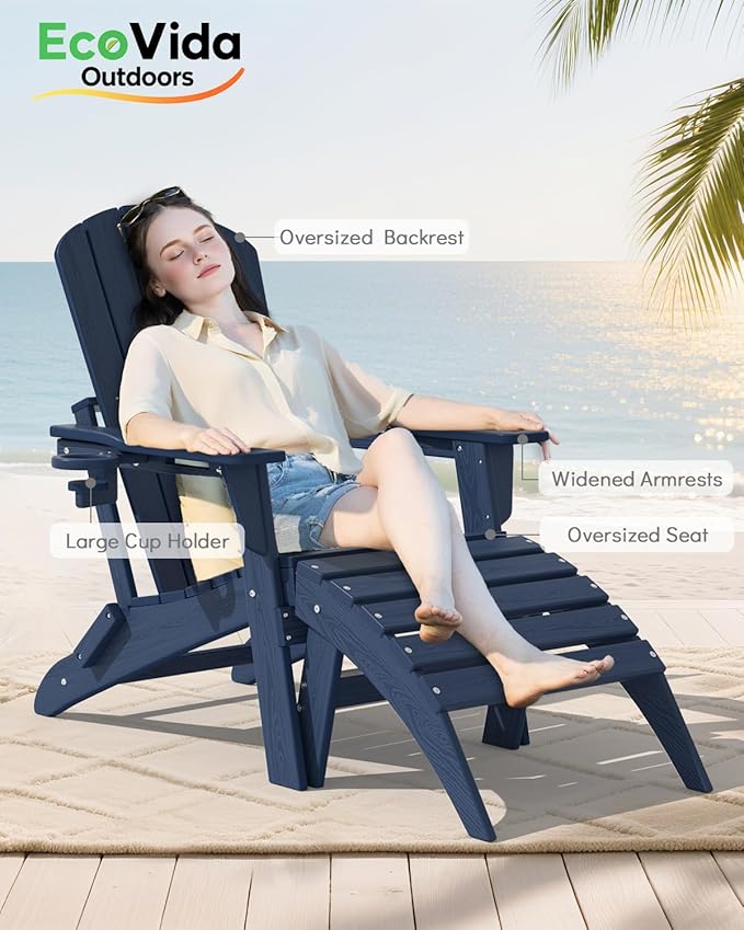 Upgraded Folding Adirondack Chair with All-Weather Cup Holder-EcoVida, Premium Wood Grain Texture, HDPE Waterproof - Photo 5