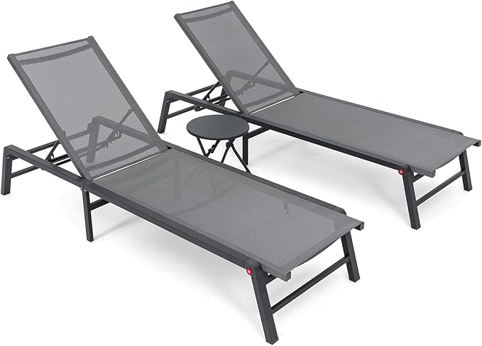 Aluminum Chaise Lounge Outdoor, Foldable & Assemble-Free Lounge Chair Outdoor 2 Sets with Foldable Table, Lounge Chair with 5 Adjustable Backrest, Poolside, Beach, Pool, Grey