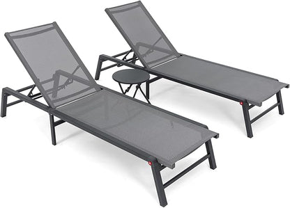 Aluminum Chaise Lounge Outdoor, Foldable & Assemble-Free Lounge Chair Outdoor 2 Sets with Foldable Table, Lounge Chair with 5 Adjustable Backrest, Poolside, Beach, Pool, Grey