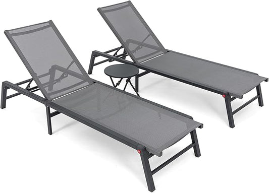 Aluminum Chaise Lounge Outdoor, Foldable & Assemble-Free Lounge Chair Outdoor 2 Sets with Foldable Table, Lounge Chair with 5 Adjustable Backrest, Poolside, Beach, Pool, Grey