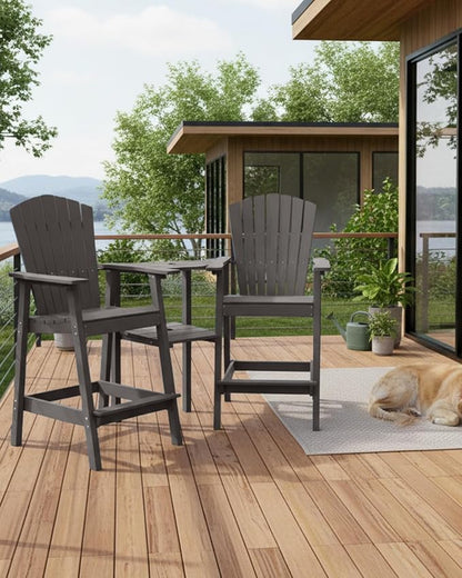 Tall Adirondack Chairs Set of 2, HDPE Outdoor Adirondack Chairs with Double Connecting Tray, Bar Height High Back Patio Chairs for Balcony, Deck, Backyard (Grey)