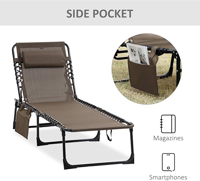 Outsunny Folding Chaise Lounge Chair, Patio Sun Tanning Chair, Outdoor Chaise Lounger with 5-Position Reclining Back, Breathable Mesh Seat for Beach, Poolside, Yard, Brown