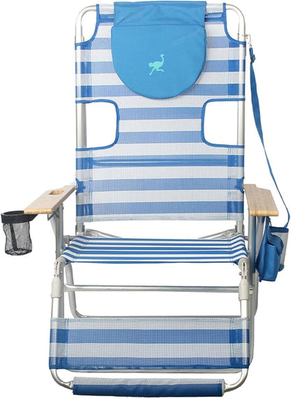 Ostrich Altitude 3N1 Lightweight Lawn Beach Reclining Lounge Chair w/Footrest, Outdoor Furniture for Patio, Balcony, Backyard, or Porch, Blue Stripe