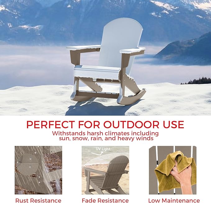 Costaelm Outdoor Adirondack Chair, All Weather Resistant Classic Balcony Chair and Fire Pit Chairs, Plastic Outdoor Porch Furniture Rocking Chair High Back HDPE Poly Lumber, Weathered Wood
