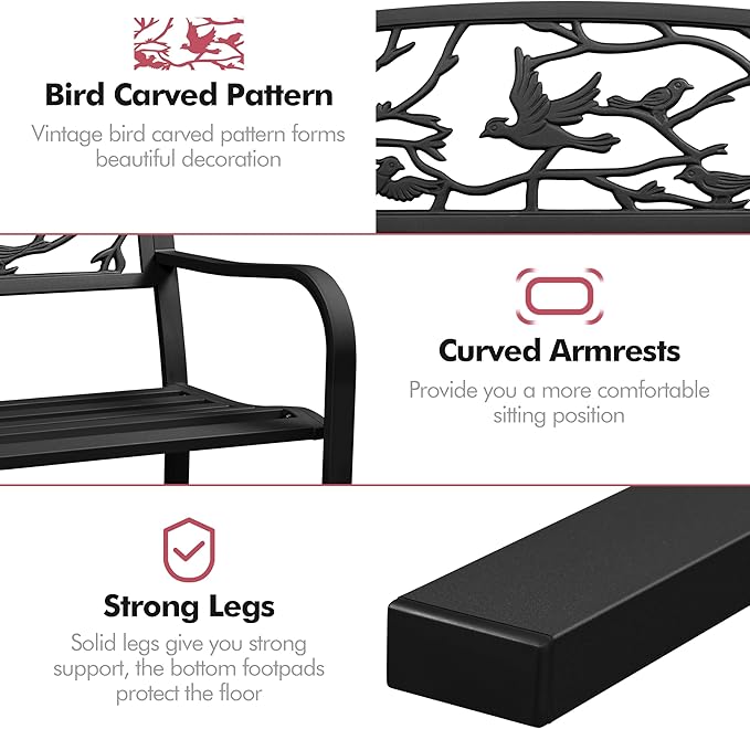 Yaheetech Outdoor Garden Bench Patio Furniture Chair Outdoor with Vintage Bird Pattern Backrest, Slatted Seat, Antique Metal Bench for Yard & Porch & Park, Black