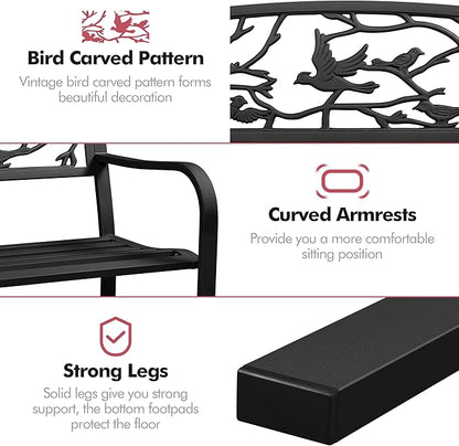 Yaheetech Outdoor Garden Bench Patio Furniture Chair Outdoor with Vintage Bird Pattern Backrest, Slatted Seat, Antique Metal Bench for Yard & Porch & Park, Black
